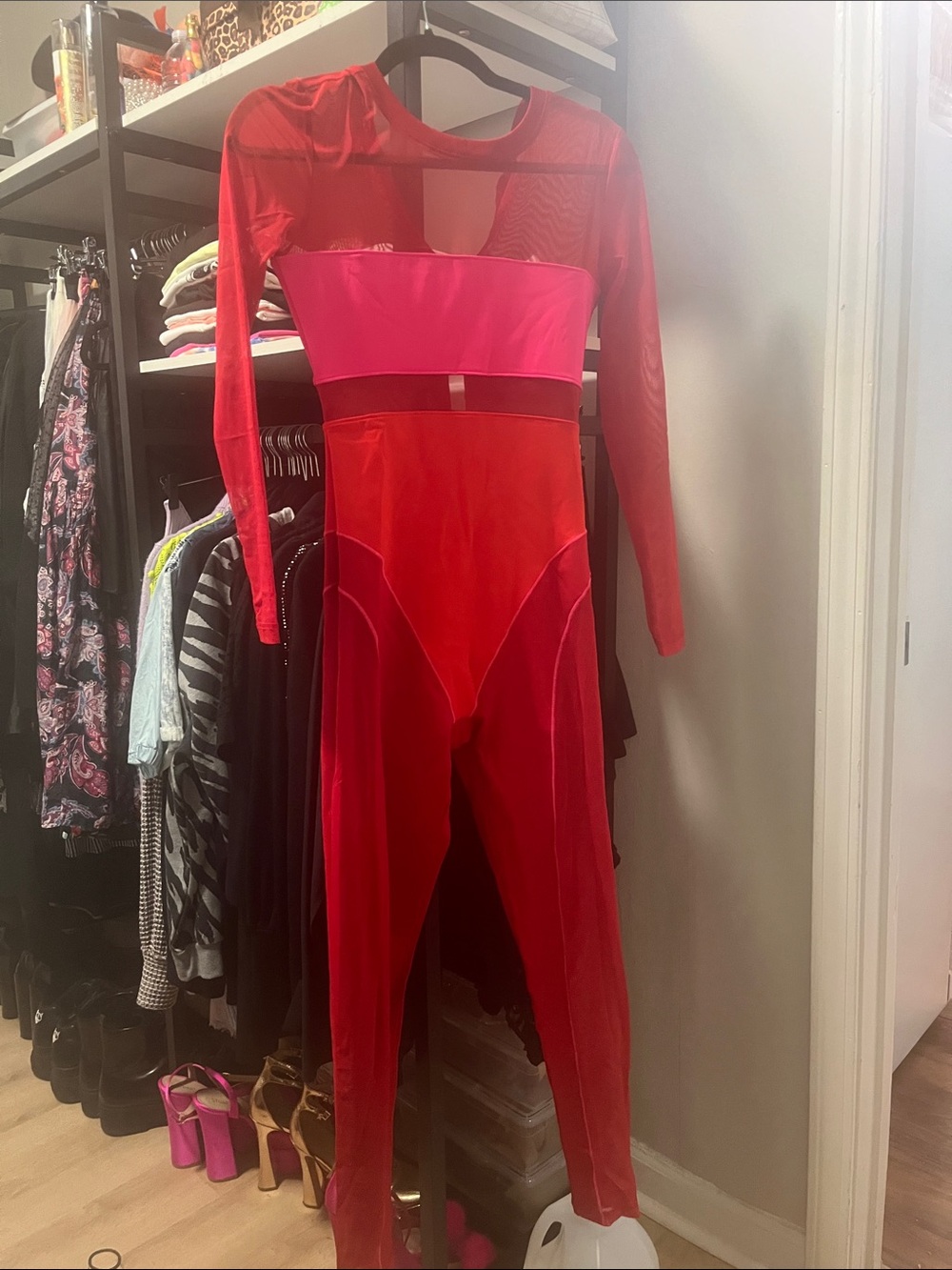 Red & Pink Long-Sleeve Colorblock Jumpsuit